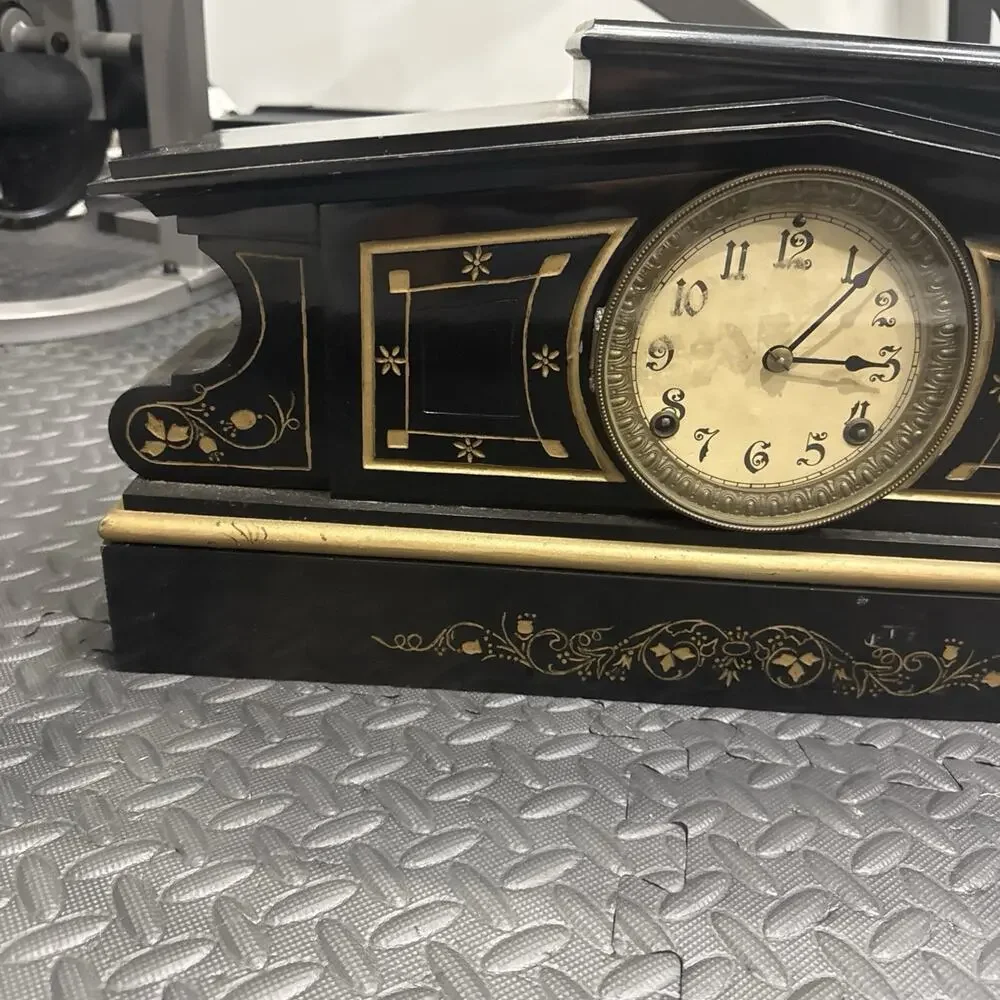 Antique Enameled Wood Mantle Clock With Gold Stenciled Floral Motif *